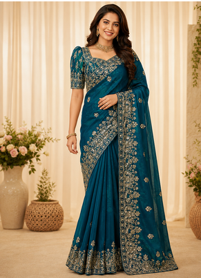 Teal Color Sequance And Zari Embroidery Work Silk Saree 1