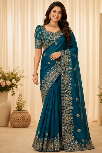 Teal Color Sequance And Zari Embroidery Work Silk Saree