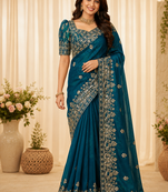 Teal Color Sequance And Zari Embroidery Work Silk Saree