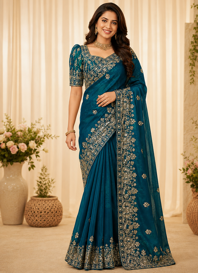 Teal Color Sequance And Zari Embroidery Work Silk Saree