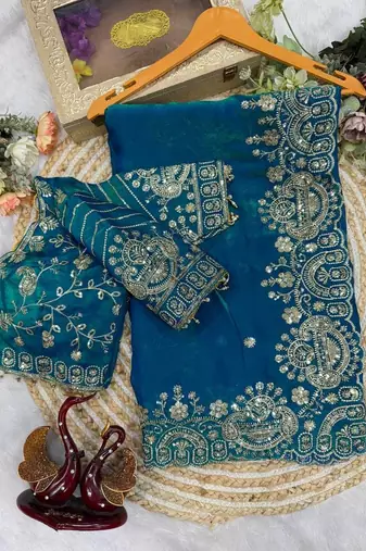 Teal Color Sequance And Zari Embroidery Work Silk Saree