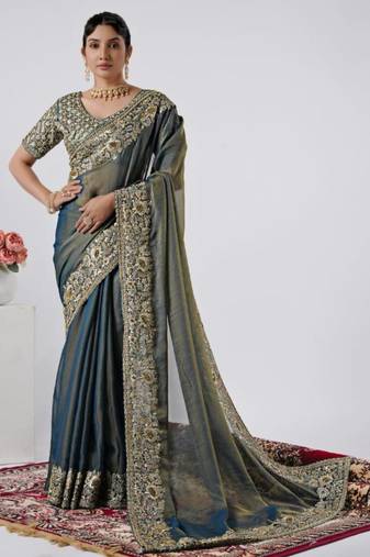bollywood mor heavily encrusted sequin border shimmer saree with unstitched blouse
