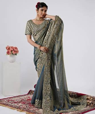 bollywood mor heavily encrusted sequin border shimmer saree with unstitched blouse 2