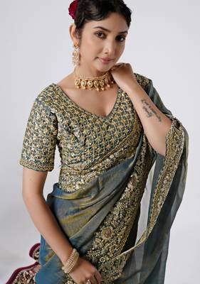 bollywood mor heavily encrusted sequin border shimmer saree with unstitched blouse 3
