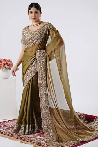 kanjivaram olive heavily encrusted sequin border shimmer saree with unstitched blouse