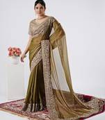 kanjivaram olive heavily encrusted sequin border shimmer saree with unstitched blouse