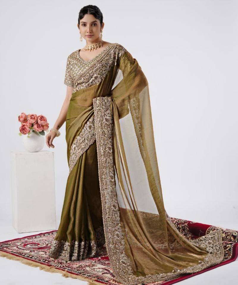 kanjivaram olive heavily encrusted sequin border shimmer saree with unstitched blouse