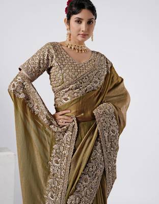 kanjivaram olive heavily encrusted sequin border shimmer saree with unstitched blouse 2