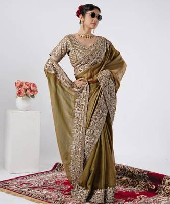 kanjivaram olive heavily encrusted sequin border shimmer saree with unstitched blouse 3