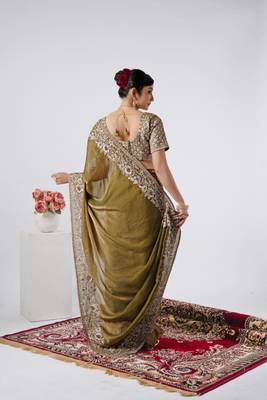 kanjivaram olive heavily encrusted sequin border shimmer saree with unstitched blouse 4