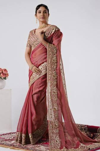 designer pink heavily encrusted sequin border shimmer saree with unstitched blouse