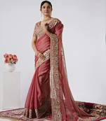 designer pink heavily encrusted sequin border shimmer saree with unstitched blouse