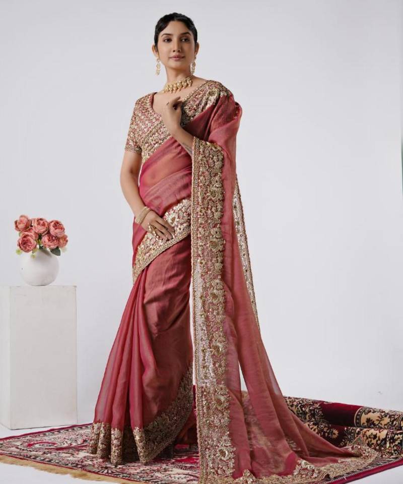 designer pink heavily encrusted sequin border shimmer saree with unstitched blouse