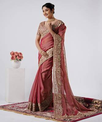 designer pink heavily encrusted sequin border shimmer saree with unstitched blouse 2