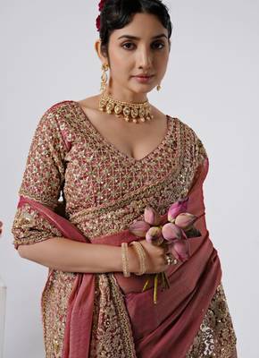 designer pink heavily encrusted sequin border shimmer saree with unstitched blouse 3