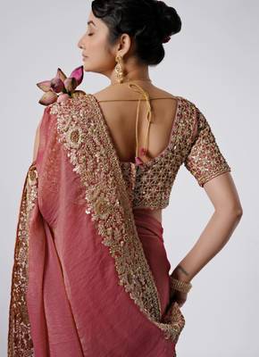 designer pink heavily encrusted sequin border shimmer saree with unstitched blouse 4