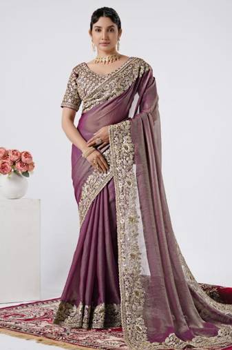pure wine heavily encrusted sequin border shimmer saree with unstitched blouse