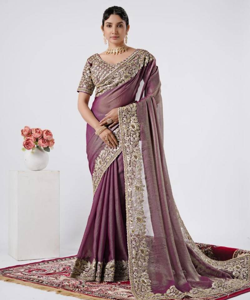 pure wine heavily encrusted sequin border shimmer saree with unstitched blouse