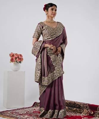 pure wine heavily encrusted sequin border shimmer saree with unstitched blouse 2