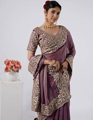 pure wine heavily encrusted sequin border shimmer saree with unstitched blouse 3