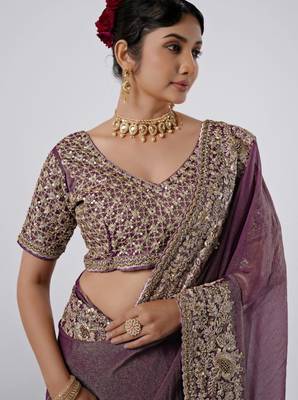 pure wine heavily encrusted sequin border shimmer saree with unstitched blouse 4