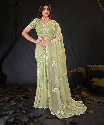 elegance green hand-embroidered floral motifs chiffon saree with unstitched blouse 1