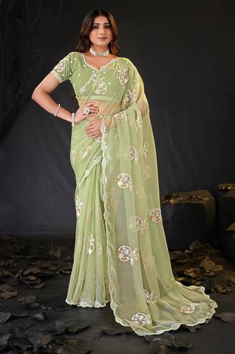 elegance green hand-embroidered floral motifs chiffon saree with unstitched blouse