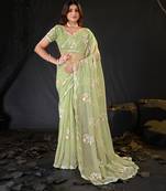 elegance green hand-embroidered floral motifs chiffon saree with unstitched blouse