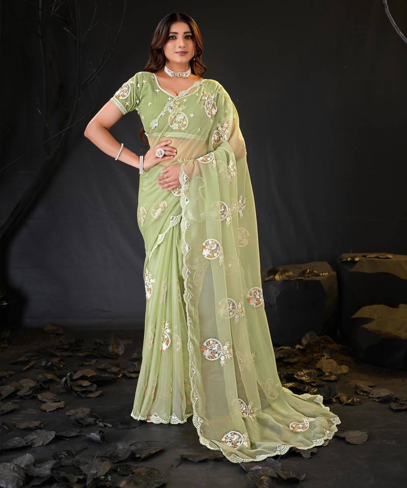 elegance green hand-embroidered floral motifs chiffon saree with unstitched blouse