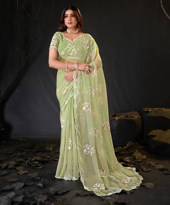 elegance green hand-embroidered floral motifs chiffon saree with unstitched blouse 2
