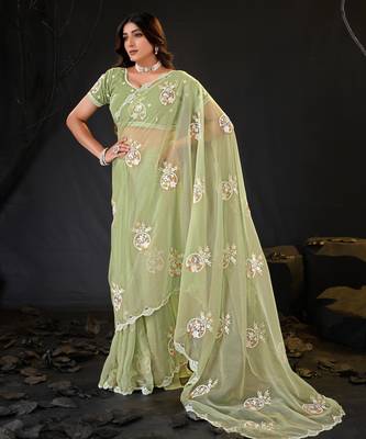 elegance green hand-embroidered floral motifs chiffon saree with unstitched blouse 3