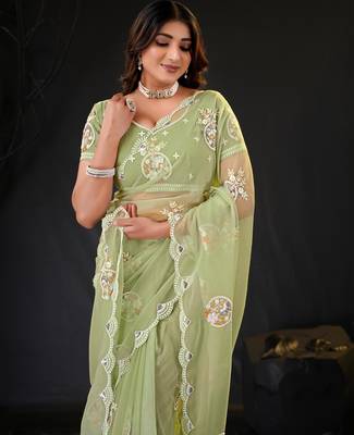 elegance green hand-embroidered floral motifs chiffon saree with unstitched blouse 4