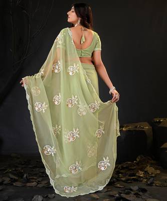 elegance green hand-embroidered floral motifs chiffon saree with unstitched blouse 5