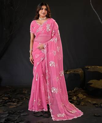 new collection pink hand-embroidered floral motifs chiffon saree with unstitched blouse 1