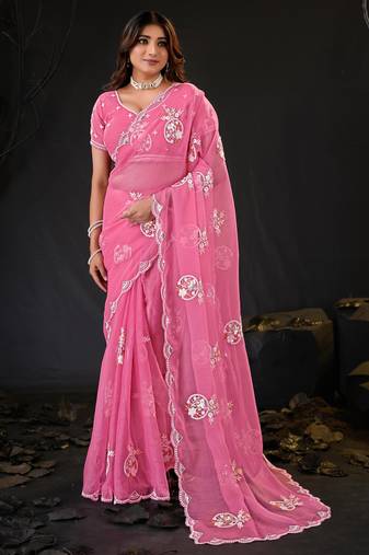new collection pink hand-embroidered floral motifs chiffon saree with unstitched blouse
