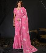new collection pink hand-embroidered floral motifs chiffon saree with unstitched blouse