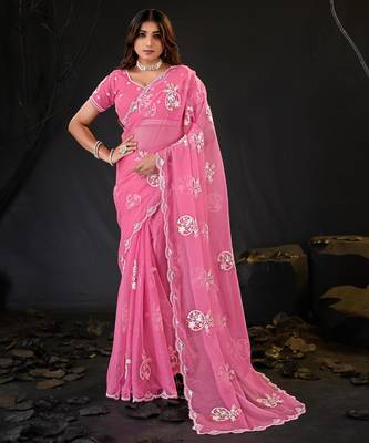 new collection pink hand-embroidered floral motifs chiffon saree with unstitched blouse 2