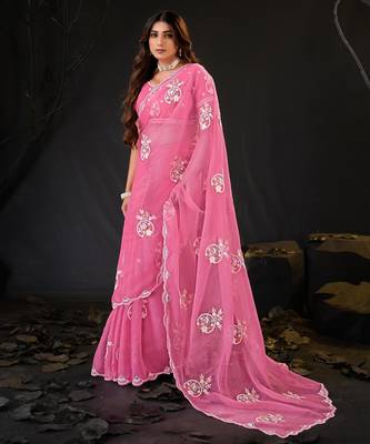 new collection pink hand-embroidered floral motifs chiffon saree with unstitched blouse 3