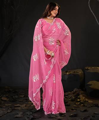 new collection pink hand-embroidered floral motifs chiffon saree with unstitched blouse 4