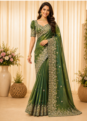 Green Color Sequance And Zari Embroidery Work Silk Saree 1
