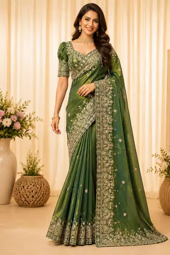 Green Color Sequance And Zari Embroidery Work Silk Saree