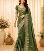 Green Color Sequance And Zari Embroidery Work Silk Saree