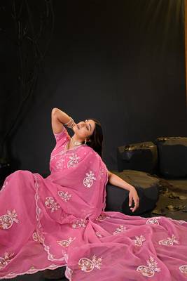 new collection pink hand-embroidered floral motifs chiffon saree with unstitched blouse 5