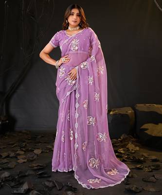 latest purple hand-embroidered floral motifs chiffon saree with unstitched blouse 1