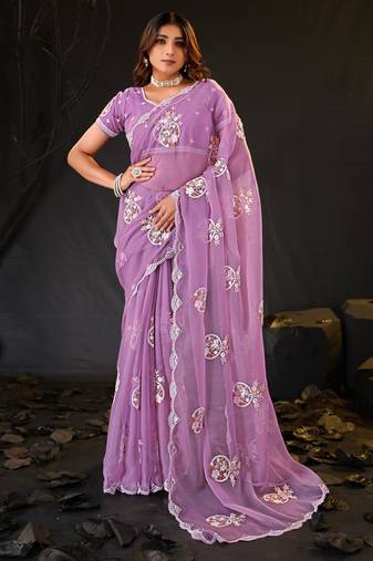 latest purple hand-embroidered floral motifs chiffon saree with unstitched blouse