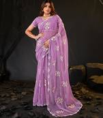 latest purple hand-embroidered floral motifs chiffon saree with unstitched blouse