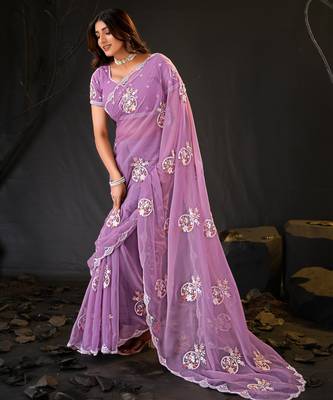 latest purple hand-embroidered floral motifs chiffon saree with unstitched blouse 2