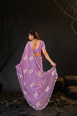 latest purple hand-embroidered floral motifs chiffon saree with unstitched blouse 4