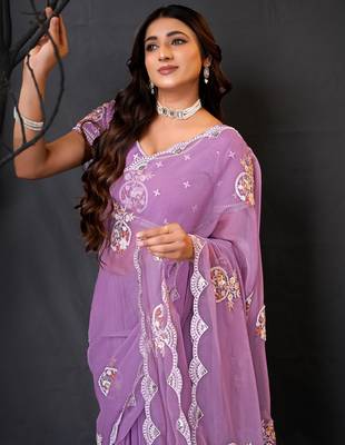 latest purple hand-embroidered floral motifs chiffon saree with unstitched blouse 5