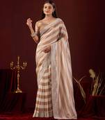 light weight brown stone and bead embroidery border chiffon saree with unstitched blouse